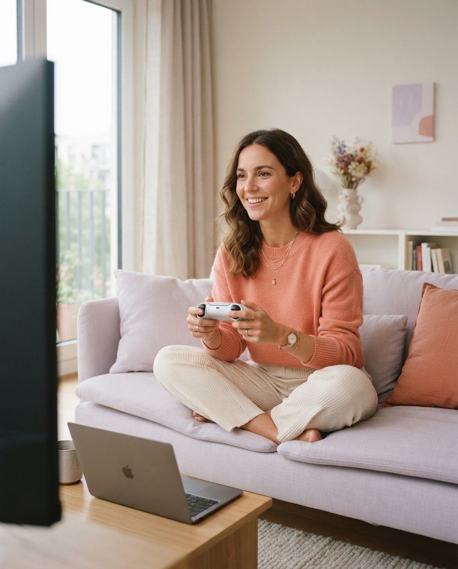 A woman relaxing on a sofa and playing a video game